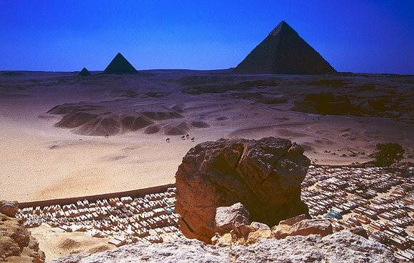In the foreground lies the burial site of the builders of the Great Pyramids.