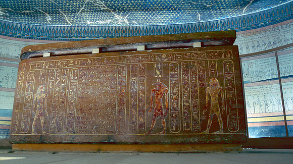 Sarcophagus of Pharaoh in underground tomb.