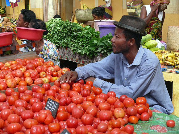 Man selling tomatoes in Nosy Be Market.