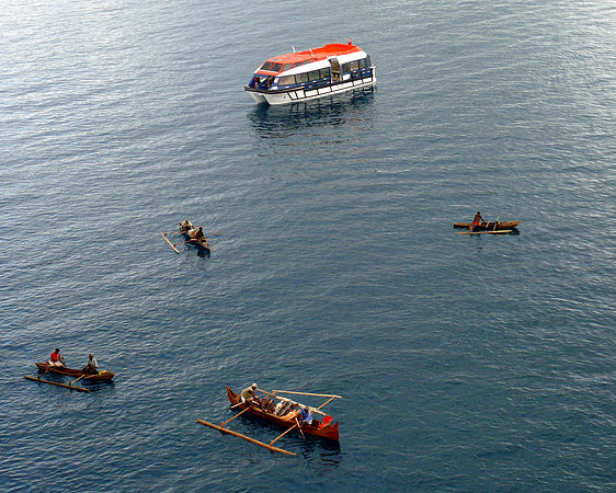Cruise ship tender and four canoes.