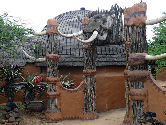 Village is decorated wih elephant skull.