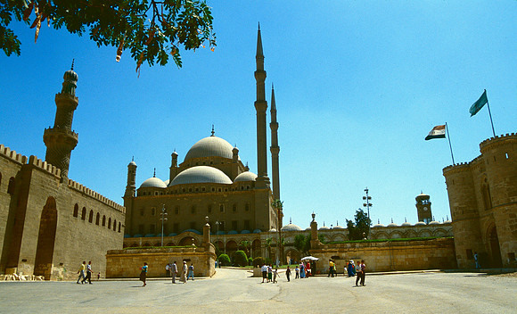 A view of the facade, domes and minarets of the Muhammad Ali Mosque of Cairo.